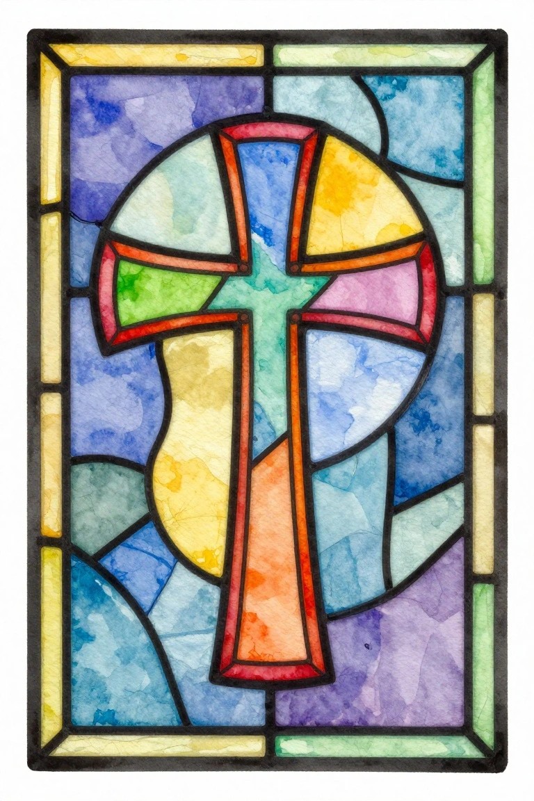 Vibrant stained glass window with a central cross in bold colors