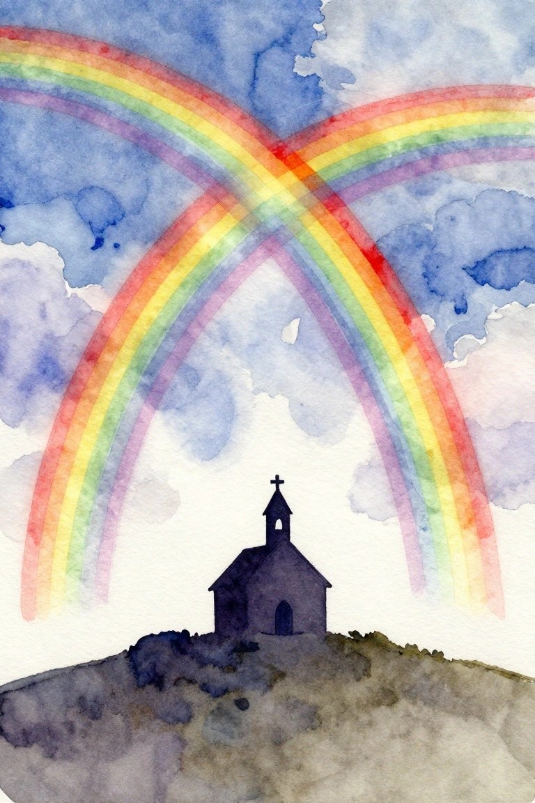Watercolor of silhouetted church on hill beneath two crossing rainbows