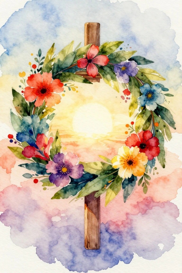 Watercolor cross with vibrant floral wreath against glowing sunset sky and clouds
