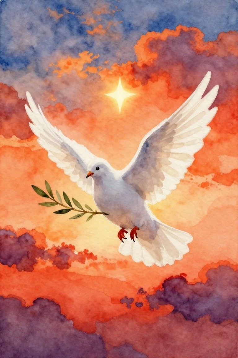 White dove with olive branch soaring in a colorful watercolor sky under a bright star.