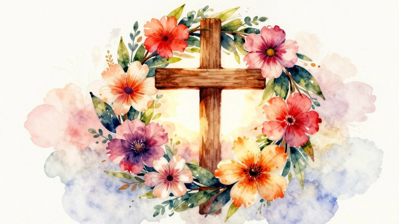 Watercolor cross with vibrant floral wreath against glowing sunset sky and clouds
