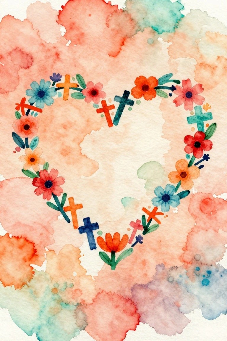 A watercolor painting showing a heart shape made from colorful flowers and small crosses on a soft multicolored background.
