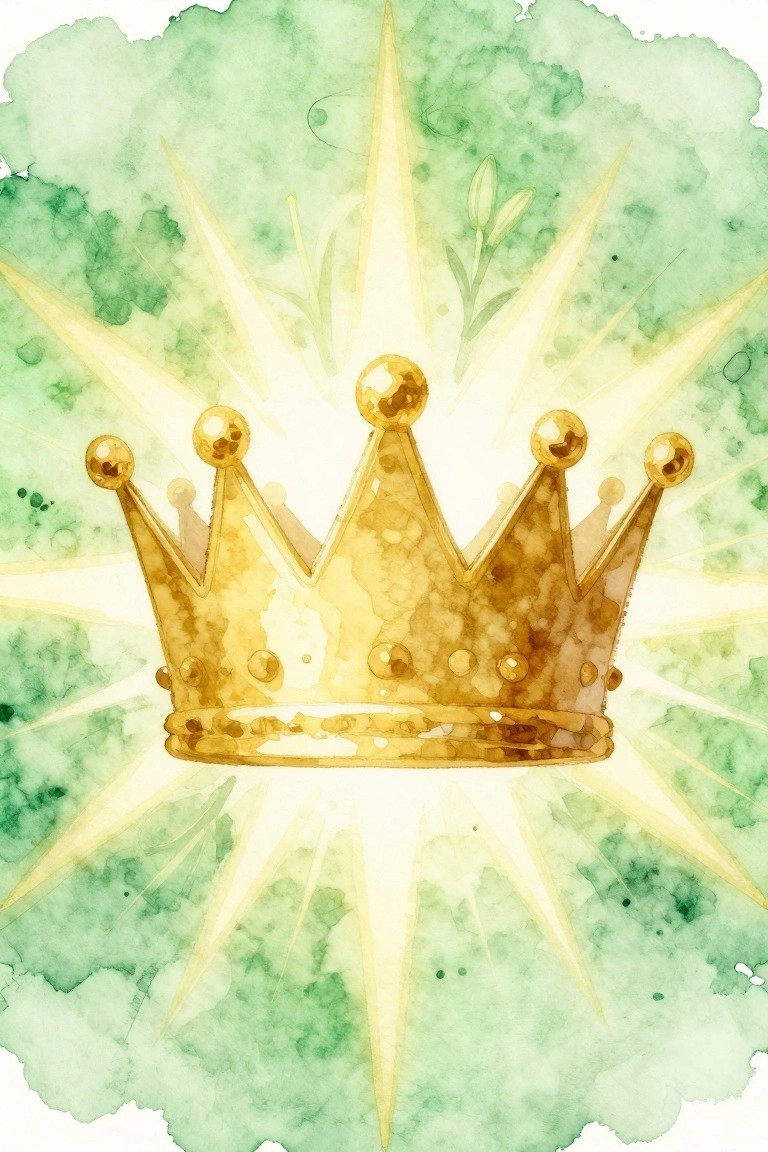 Golden crown with jewel accents on green watercolor background with radiant light rays