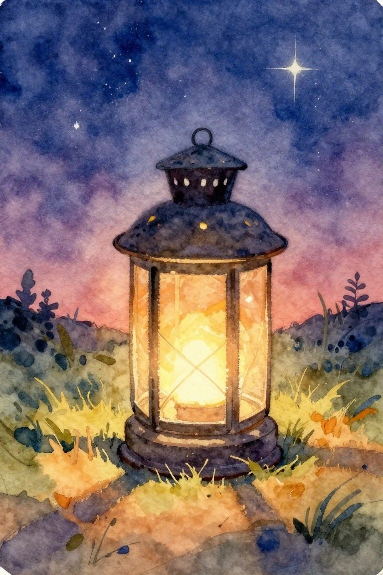 Glowing lantern on stone path under purple starry night sky in watercolor.