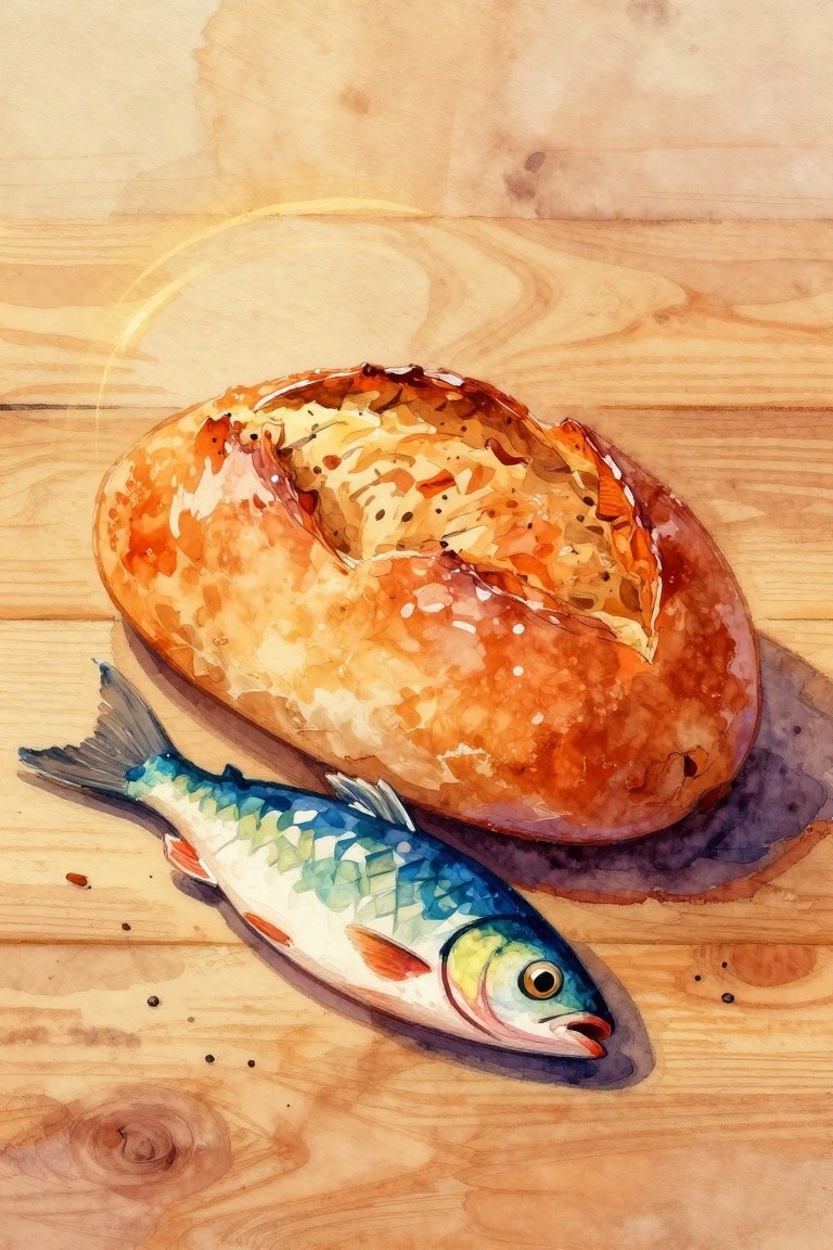 Watercolor of crusty golden bread loaf and colorful fish on wood