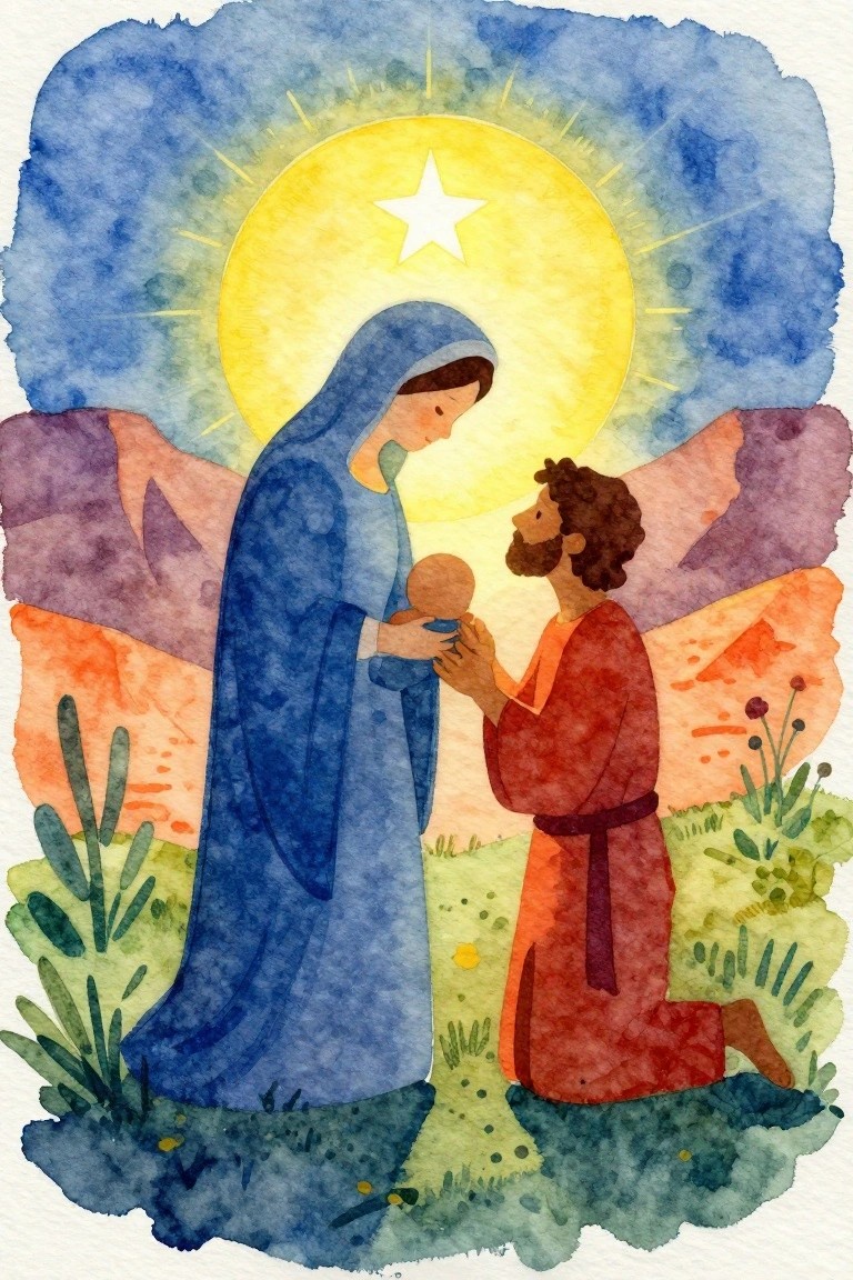 Watercolor nativity: Mary in blue holds baby Jesus as red-robed Joseph kneels beneath glowing star
