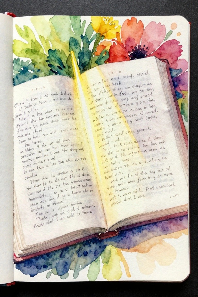 Open sketchbook with vibrant watercolor flowers and illustrated book of handwritten text