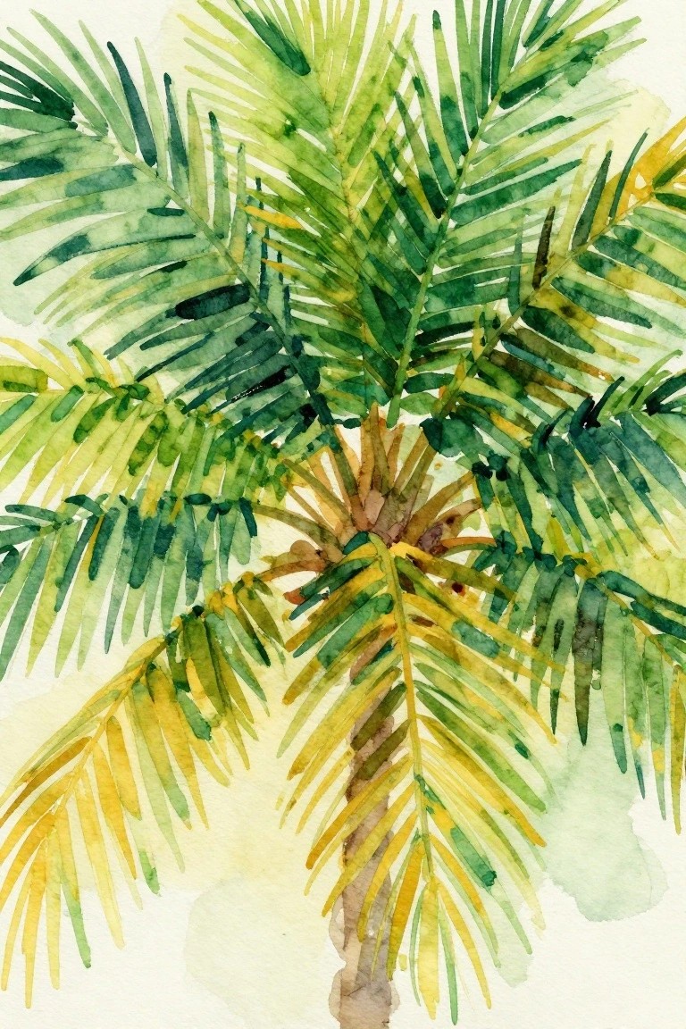 Watercolor palm tree with spreading green and yellow fronds and brown trunk