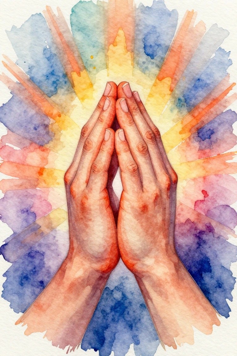 Watercolor painting of two hands in prayer against vibrant radiating colors