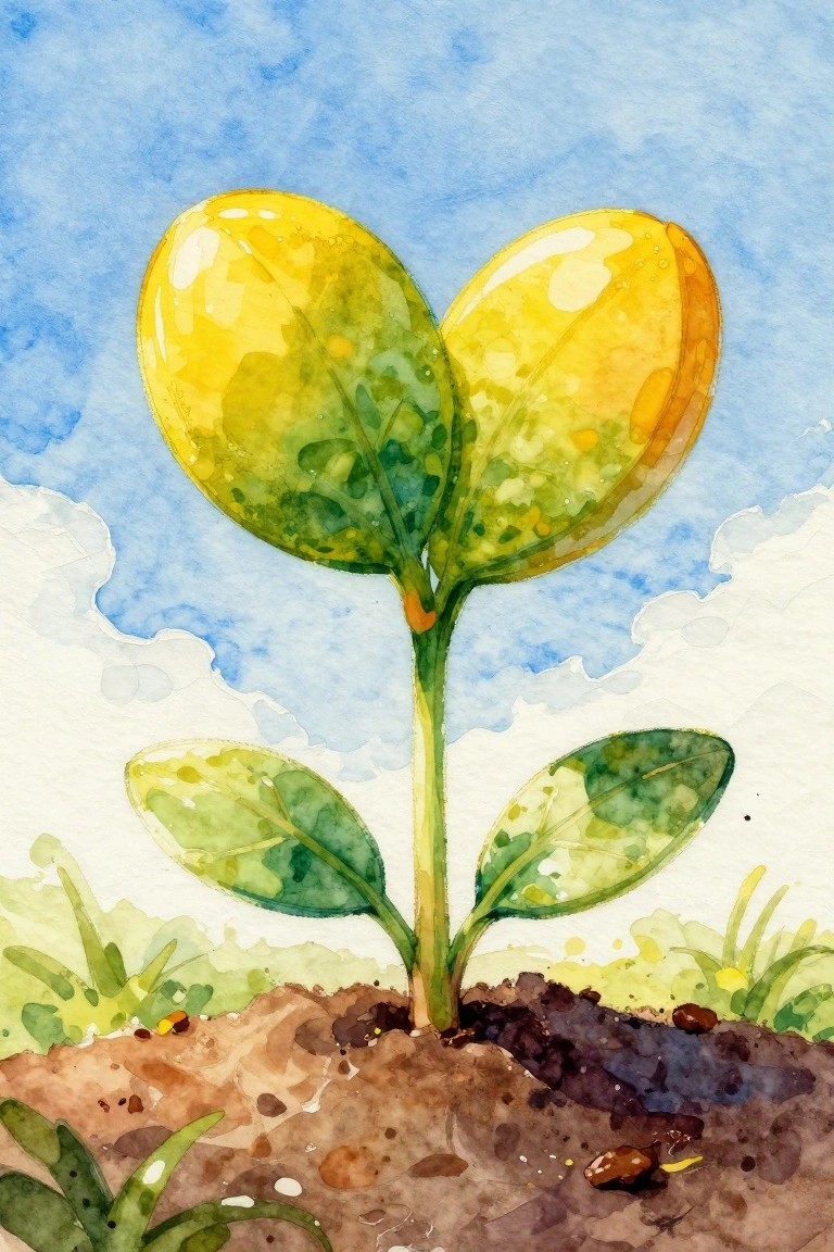 Watercolor painting of seedling with two large glossy yellow heart-shaped leaves in soil.