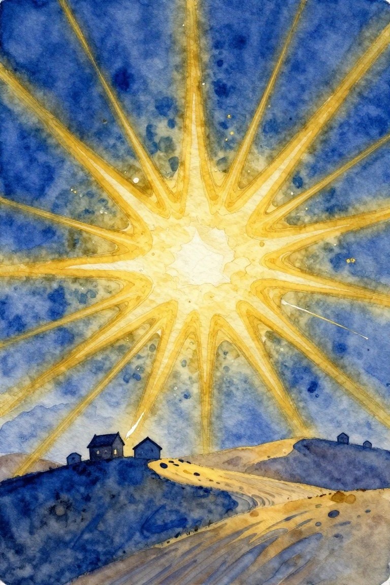 Watercolor of radiant yellow sunburst with rays over blue hills and houses.