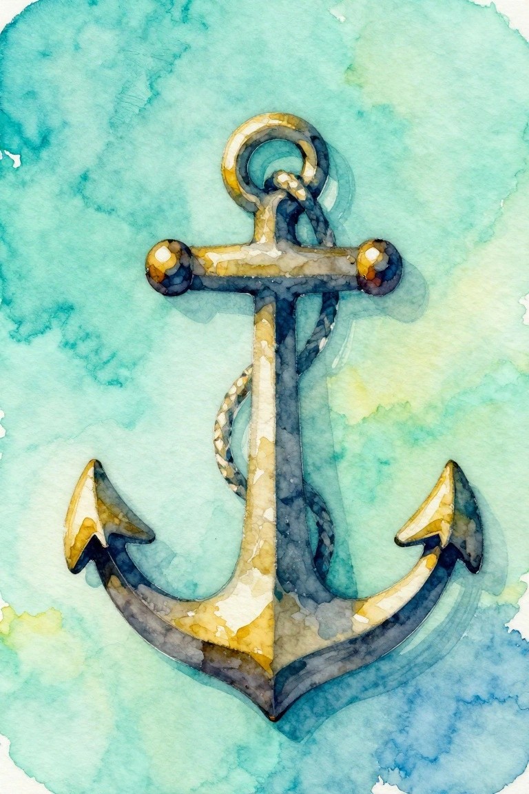 Golden and navy watercolor anchor with rope on turquoise background