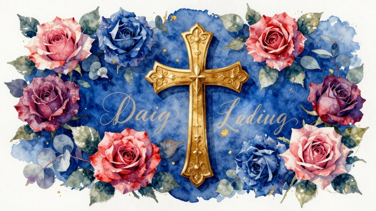 An ornate golden cross covered with red and pink roses and green leaves on a textured blue background with gold accents.
