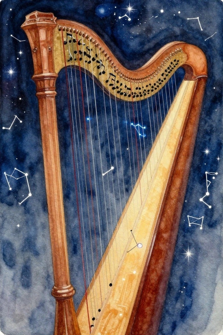 Watercolor of ornate wooden harp with notes amid stars and constellations in night sky.