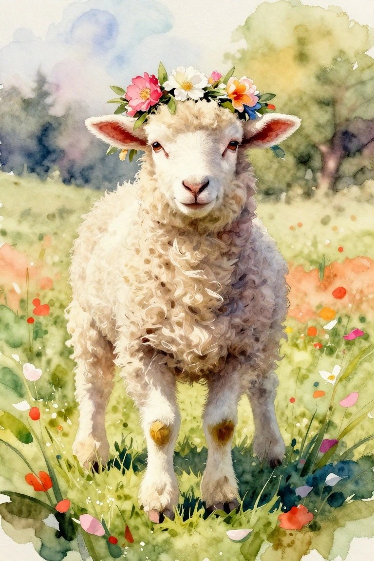 Fluffy white lamb wearing colorful flower crown in vibrant watercolor meadow