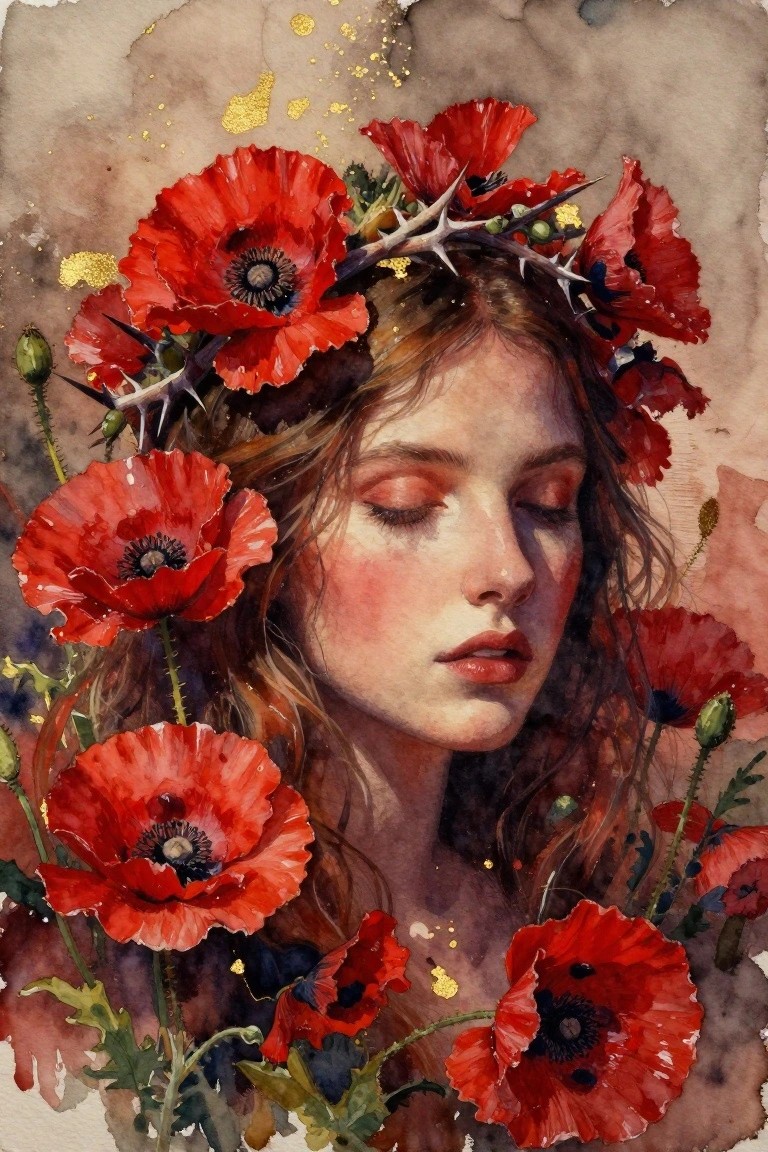 Serene woman with closed eyes wearing a crown of red poppies and thorns in watercolor