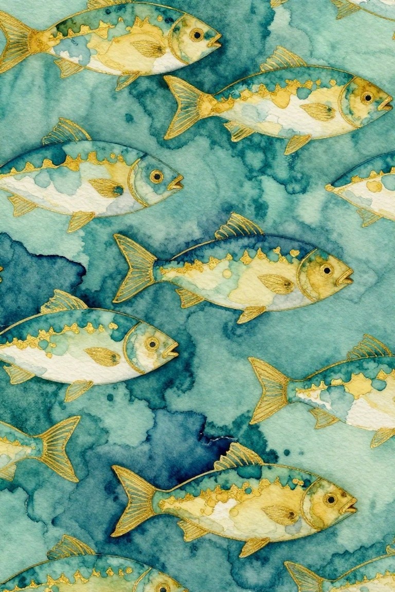 Blue and gold watercolor fish swimming in teal aquatic pattern