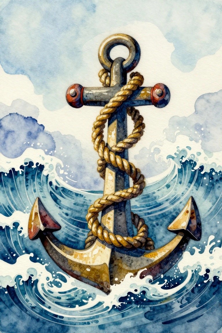 A watercolor painting of a dark anchor wrapped in thick rope, surrounded by blue waves with white foam under a cloudy sky.