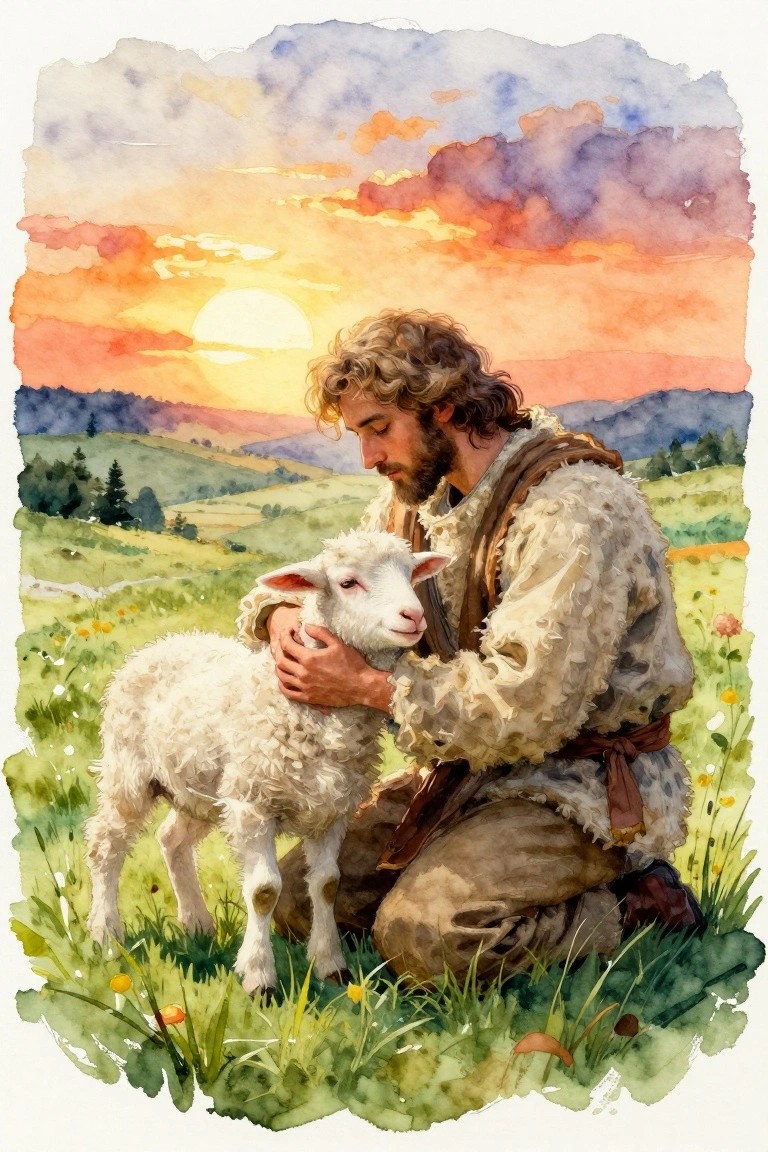 A watercolor painting of a bearded man in rustic clothing kneeling in a grassy field at sunset, holding a white lamb close to him with rolling hills and a bright sun in the background.