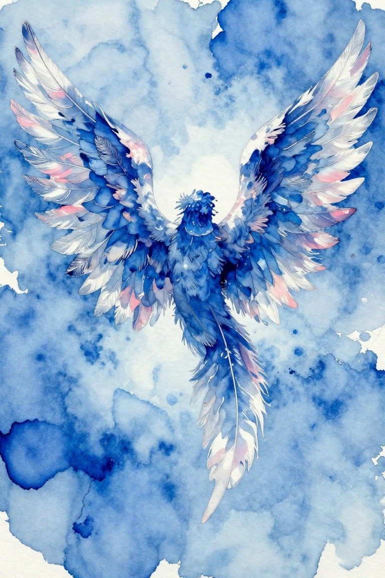 Watercolor blue phoenix with large spread wings soaring on abstract blue background