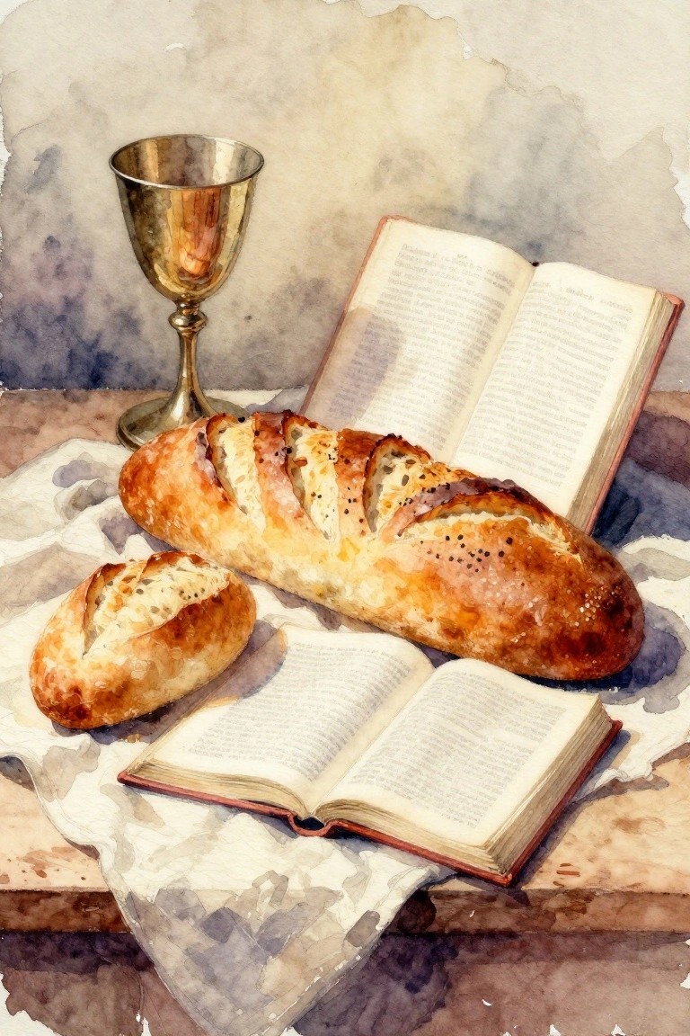 Watercolor still life of golden chalice, open books, and crusty bread on cloth.