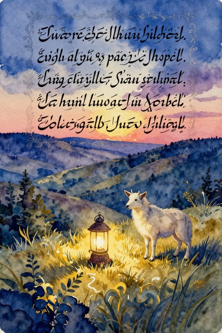 Watercolor fantasy landscape with glowing lantern, white sheep, and ornate script on hills at sunset