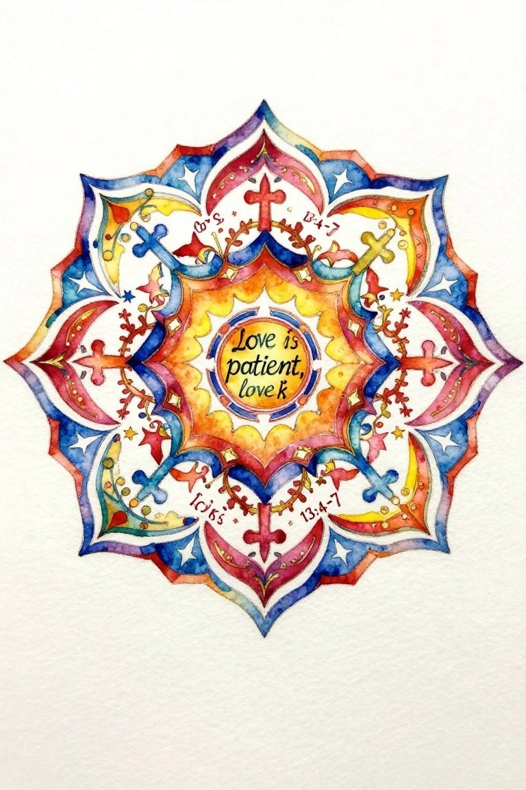Vibrant watercolor mandala with crosses, hearts, stars, and 