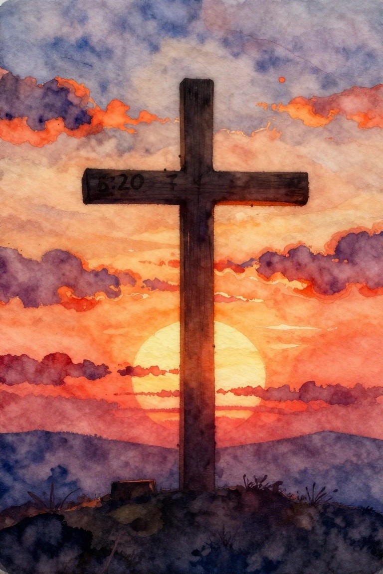 Wooden cross marked 6:20 silhouetted against vibrant orange-purple sunset in watercolor