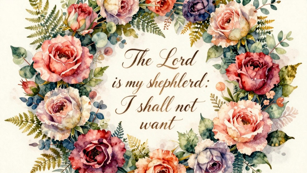 Watercolor wreath of pink peach roses and eucalyptus leaves framing Psalm 23:1 verse