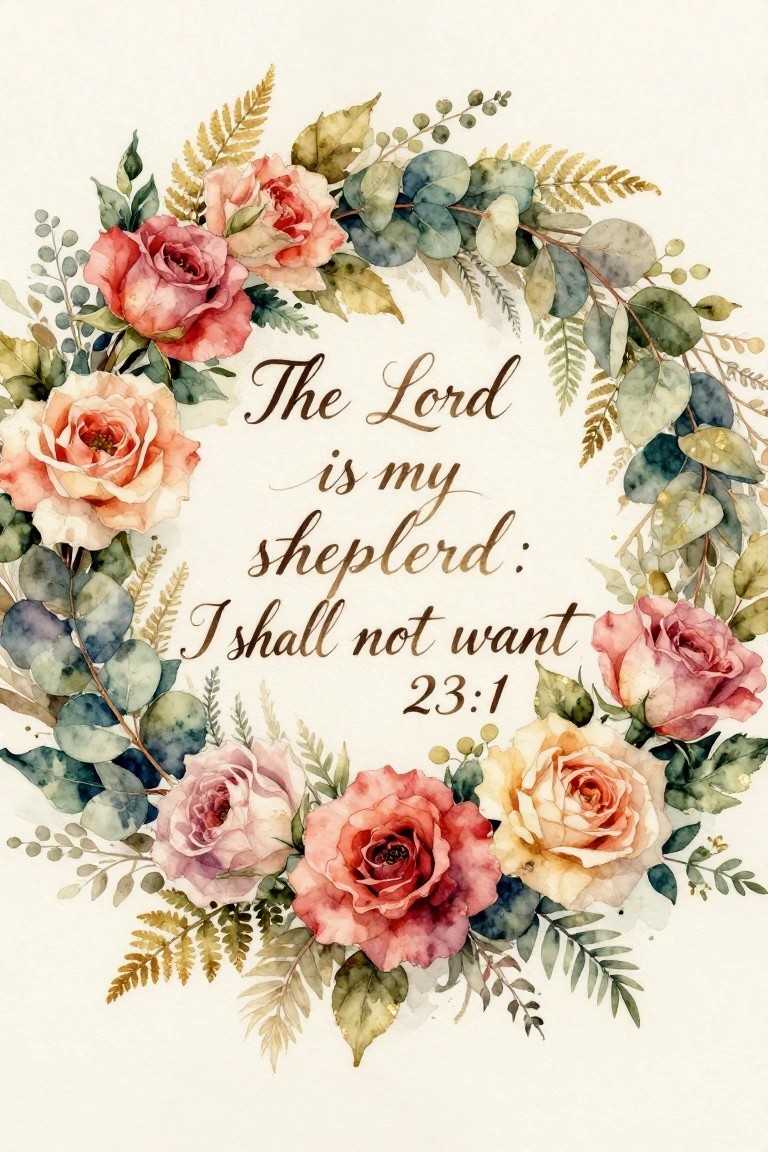 Watercolor wreath of pink peach roses and eucalyptus leaves framing Psalm 23:1 verse