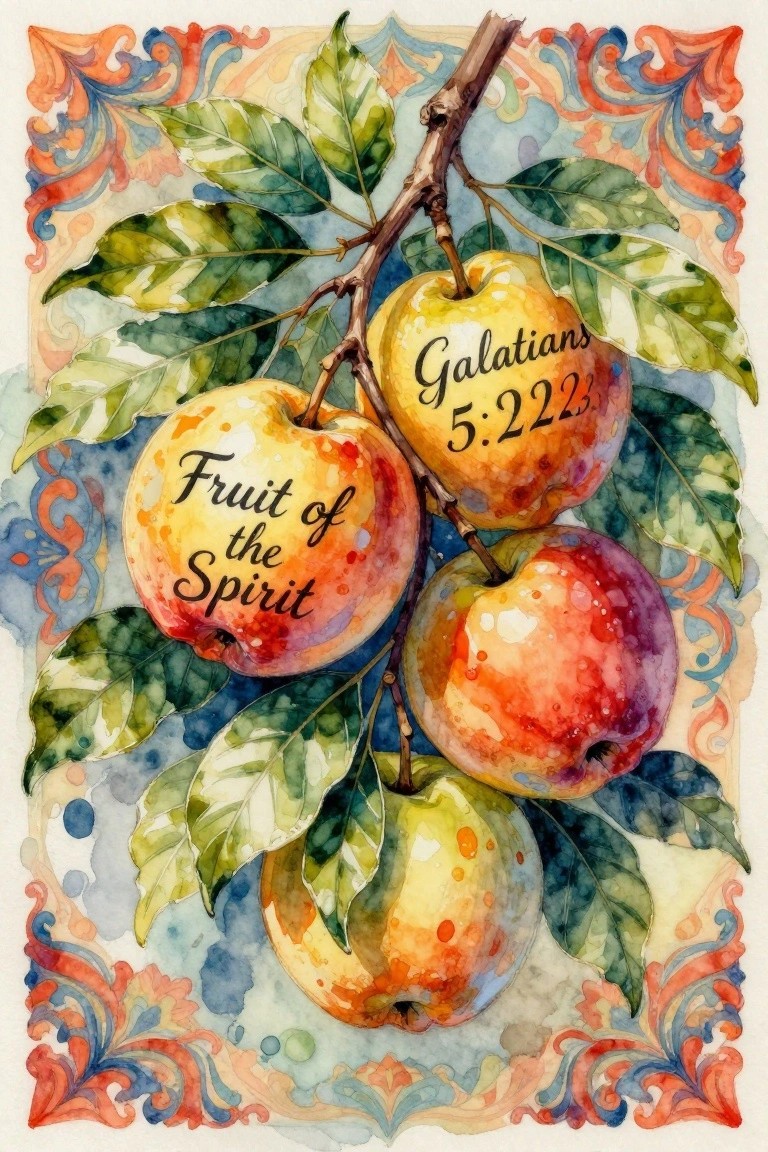 Watercolor apples on leafy branch with 