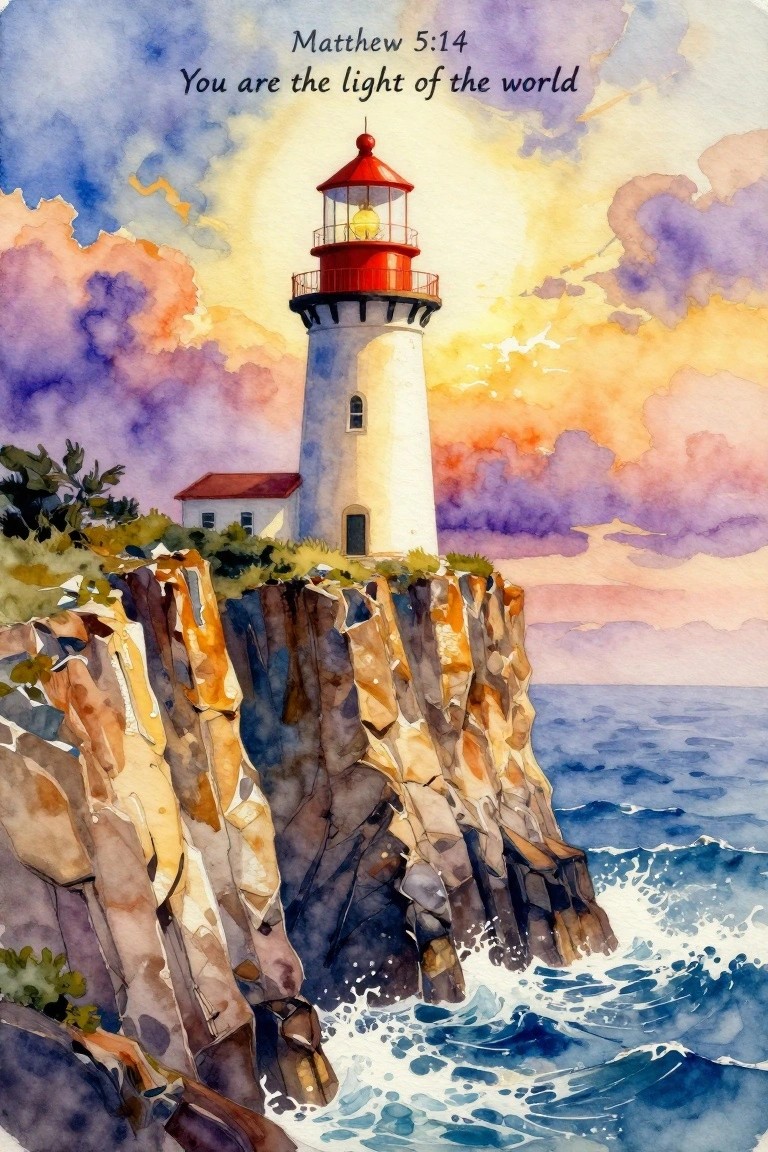 A watercolor painting of a white lighthouse with a red top on rocky cliffs by the ocean under a colorful sunset sky, with the text Matthew 5:14 at the top.