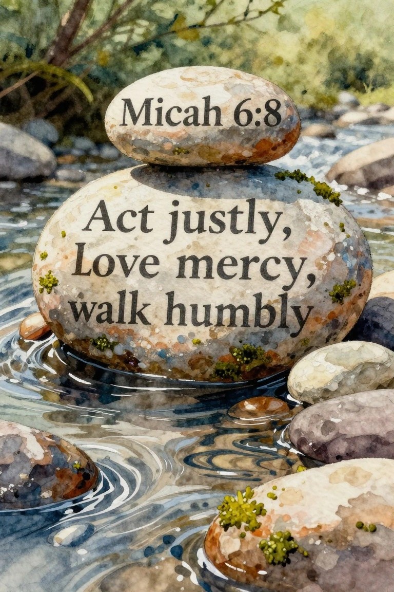 A watercolor-style painting of two stacked stones in a stream with the text of Micah 6:8 lettered on them.