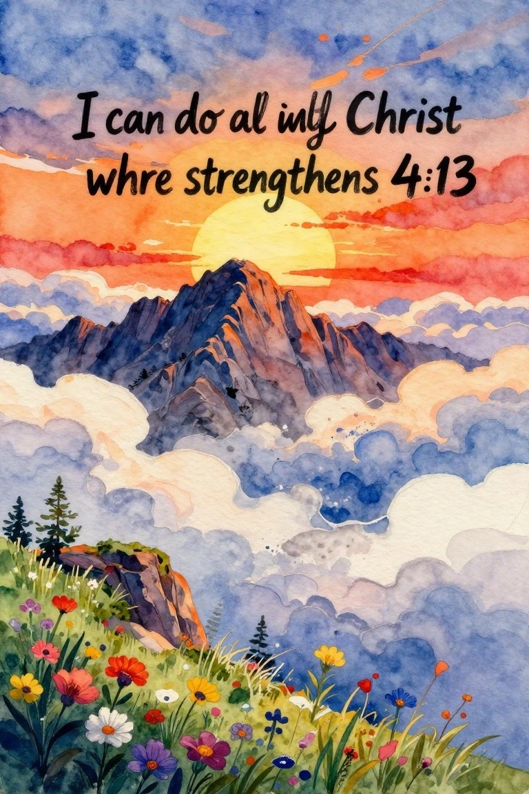 A watercolor-style painting of mountains at sunset with a Bible verse text overlaid on the sky and wildflowers in the foreground.