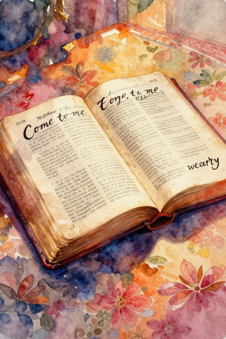 Watercolor painting of open Bible on vibrant floral fabric showing 