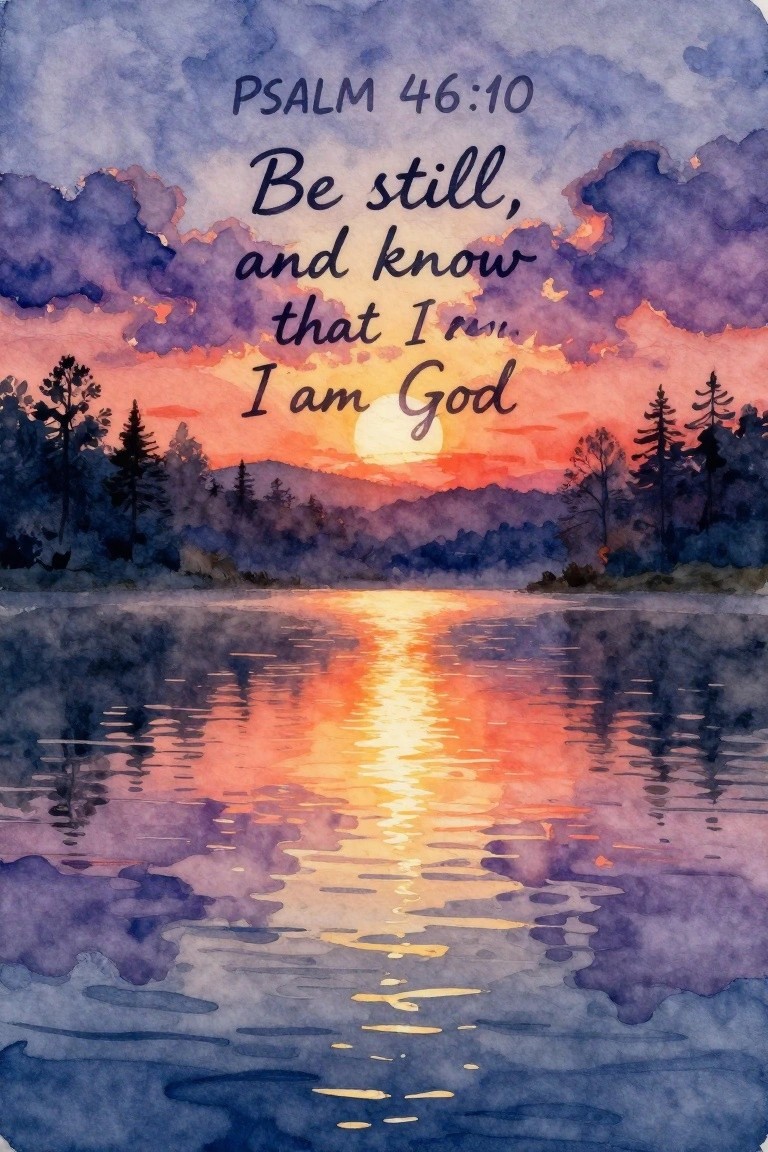 A watercolor painting of a sunset over water with silhouetted trees and Psalm 46:10 text overlaid across the sky.