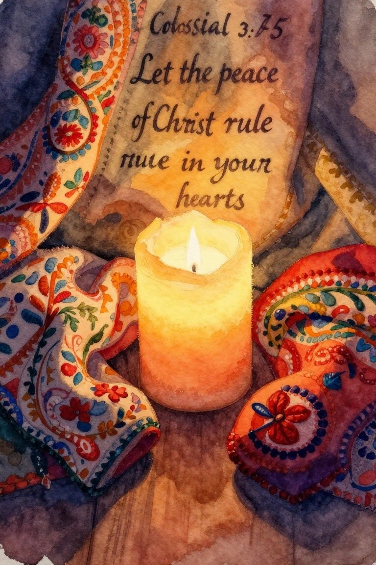 Watercolor of lit candle amid vibrant patterned fabrics with Colossians 3:15 verse.