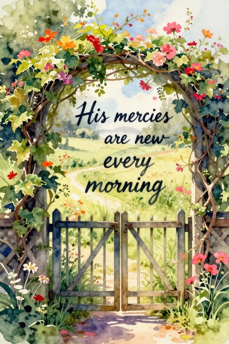Watercolor of wooden garden gate under colorful floral arch with overlaid text in countryside.