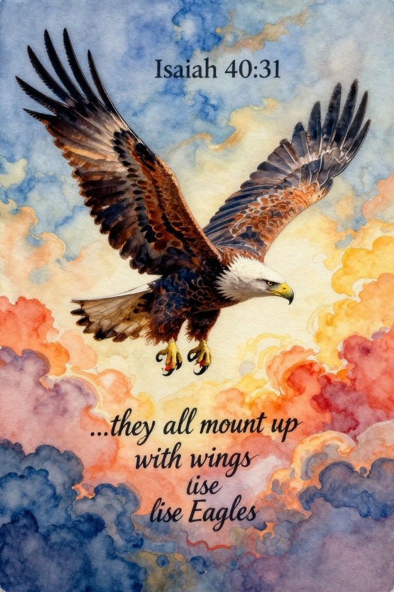 Watercolor bald eagle soaring through vibrant orange-blue clouds with Isaiah 40:31 text.