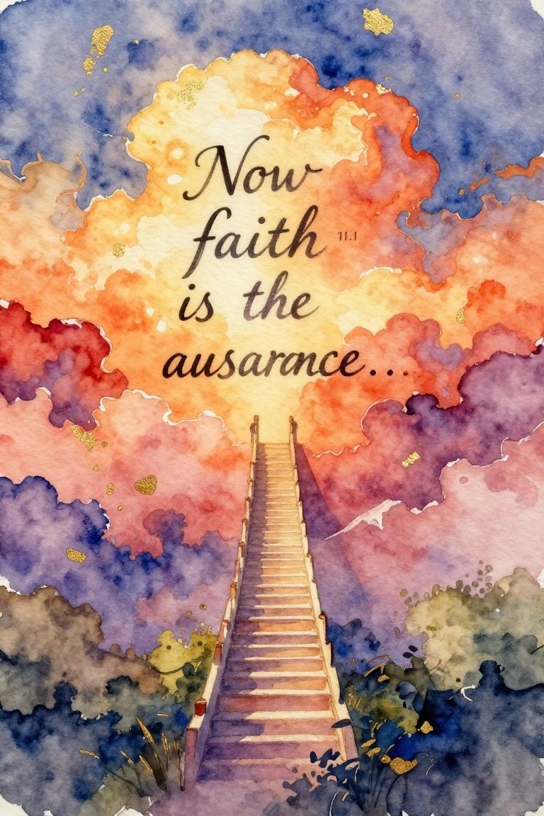 Watercolor staircase ascending into vibrant blue, orange, and purple clouds with text overlay