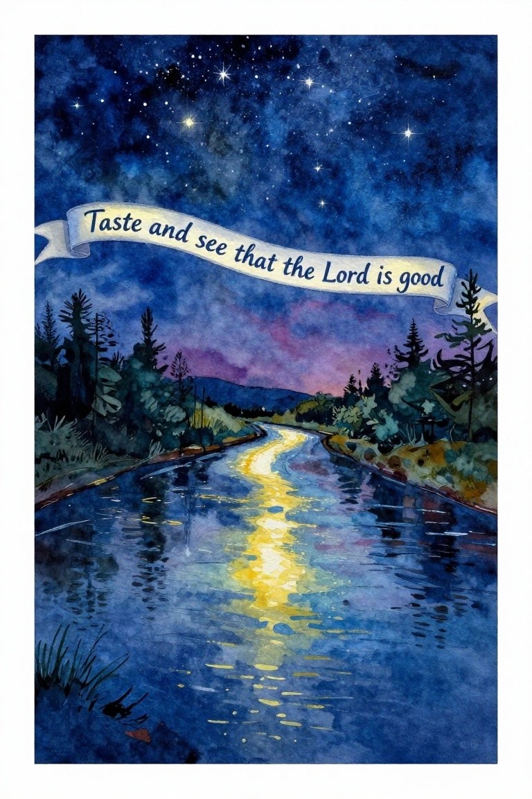 Watercolor night scene with starry sky, glowing river path, trees, and ribbon banner