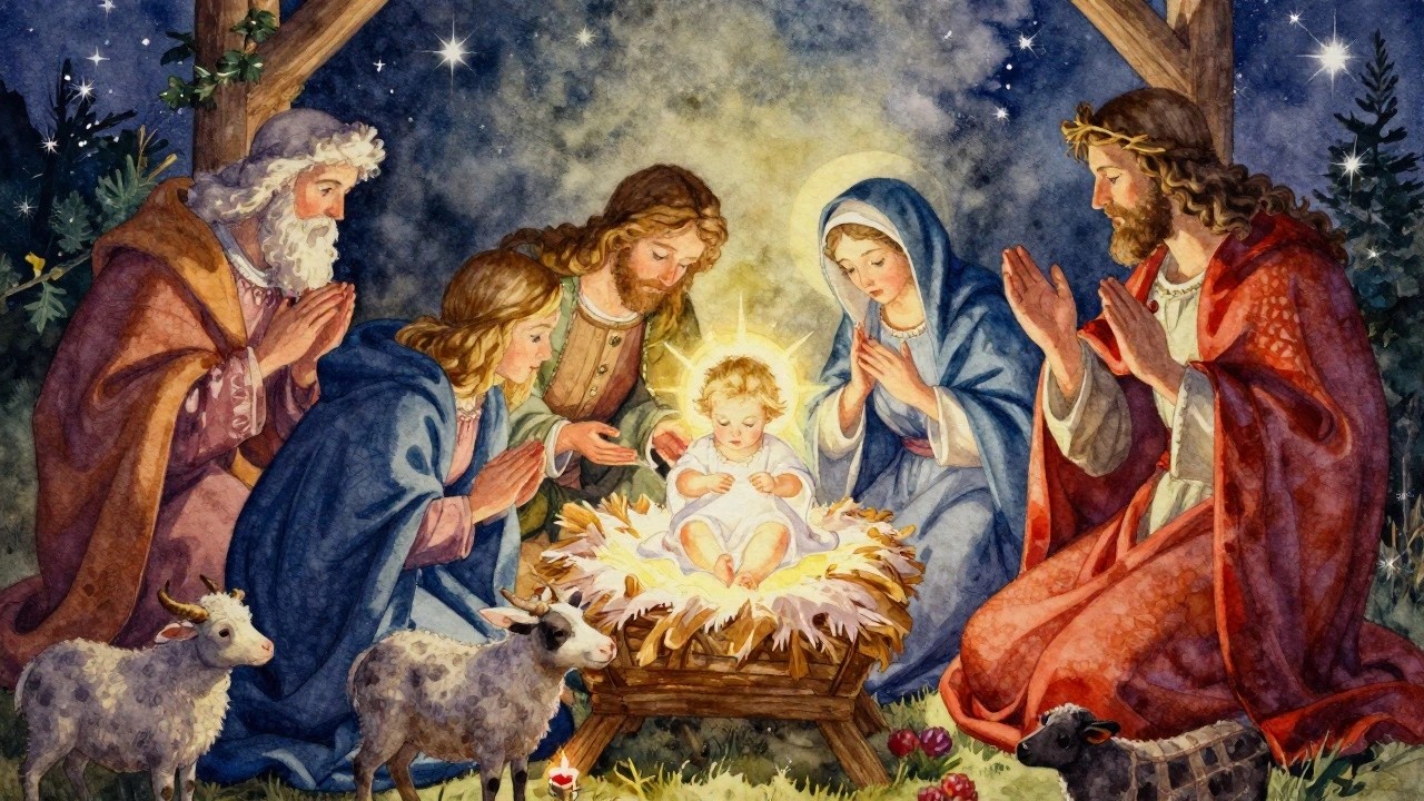 A watercolor painting of baby Jesus glowing in a manger at night, surrounded by three praying women and two sheep under a starry sky with trees.