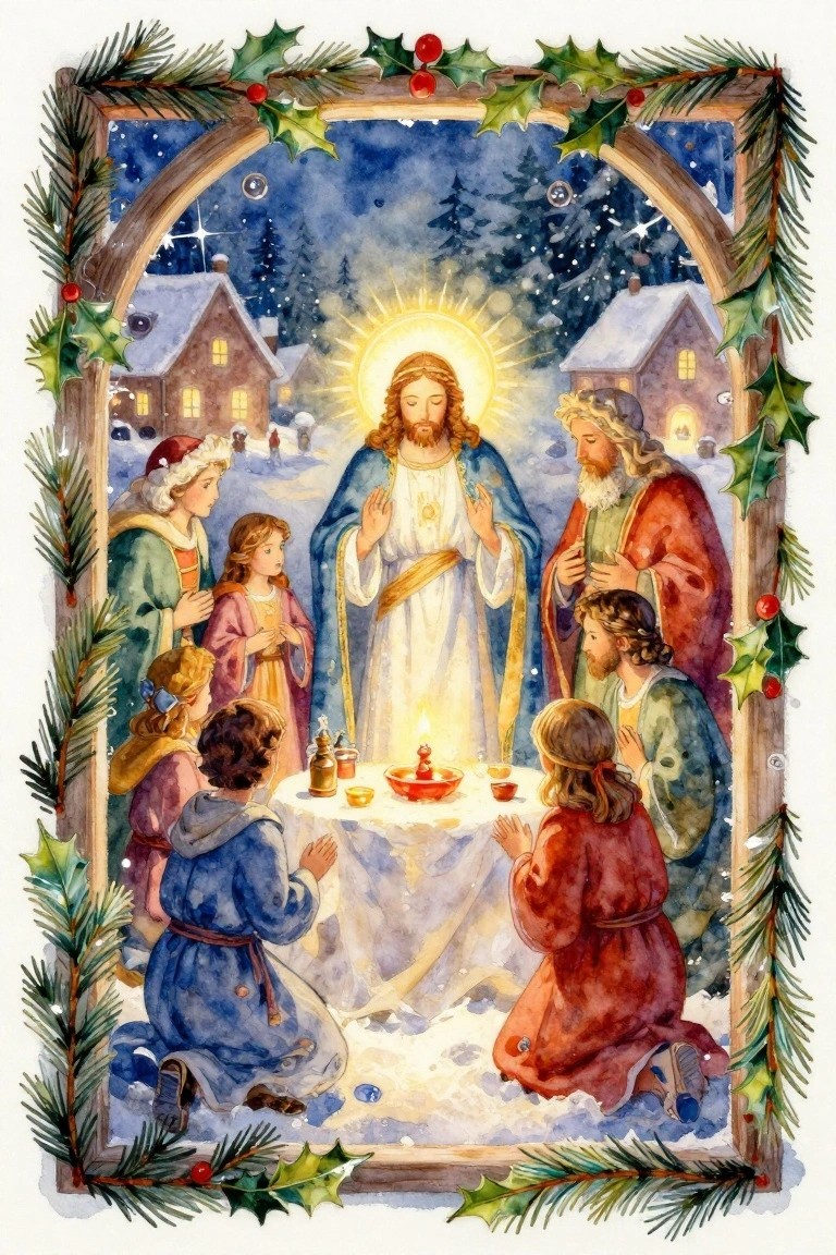 Watercolor nativity with haloed Jesus praying amid robed figures and kneeling children by candle in snow.