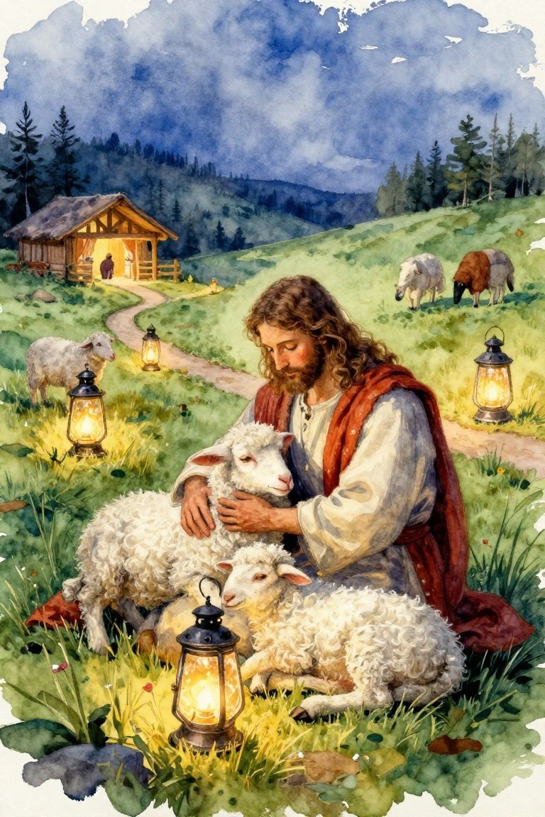 Watercolor of robed man embracing lamb among sheep and glowing lanterns in hilly landscape