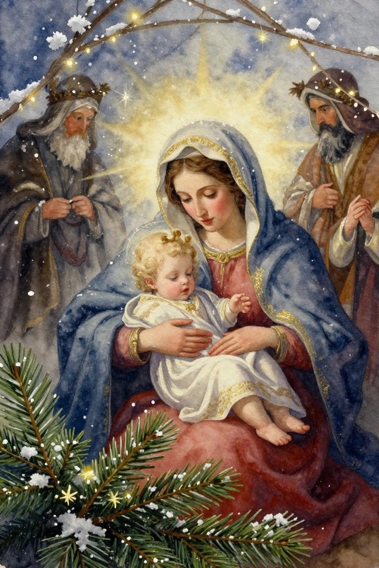 Mary cradles crowned baby Jesus beside two crowned wise men in snowy watercolor nativity.
