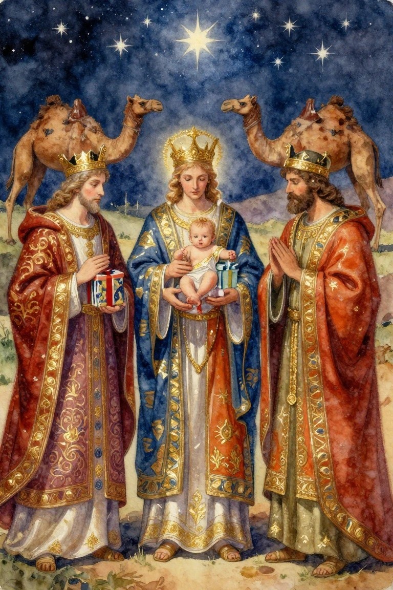 A watercolor painting shows Mary holding baby Jesus in the center, flanked by two crowned kings with camels behind them under a large star in a night sky.