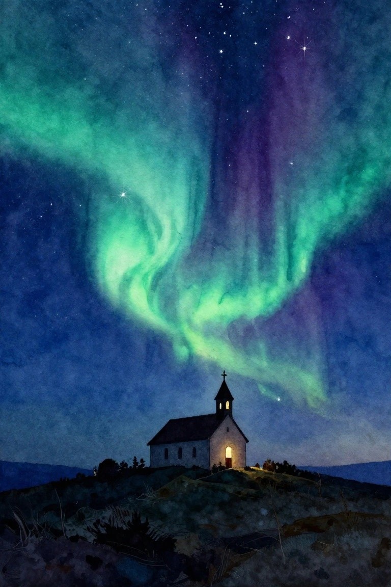 Watercolor of small church on hill under green-purple aurora and starry sky
