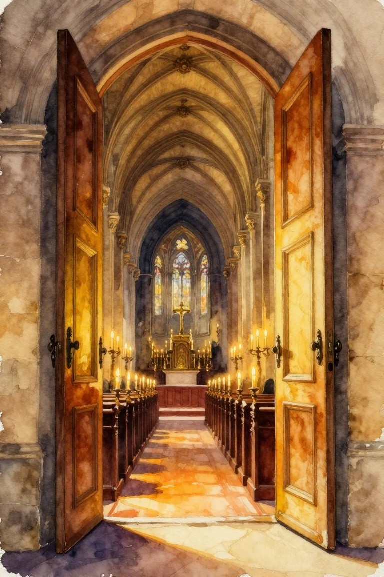 Open wooden doors frame candlelit church aisle leading to altar with cross