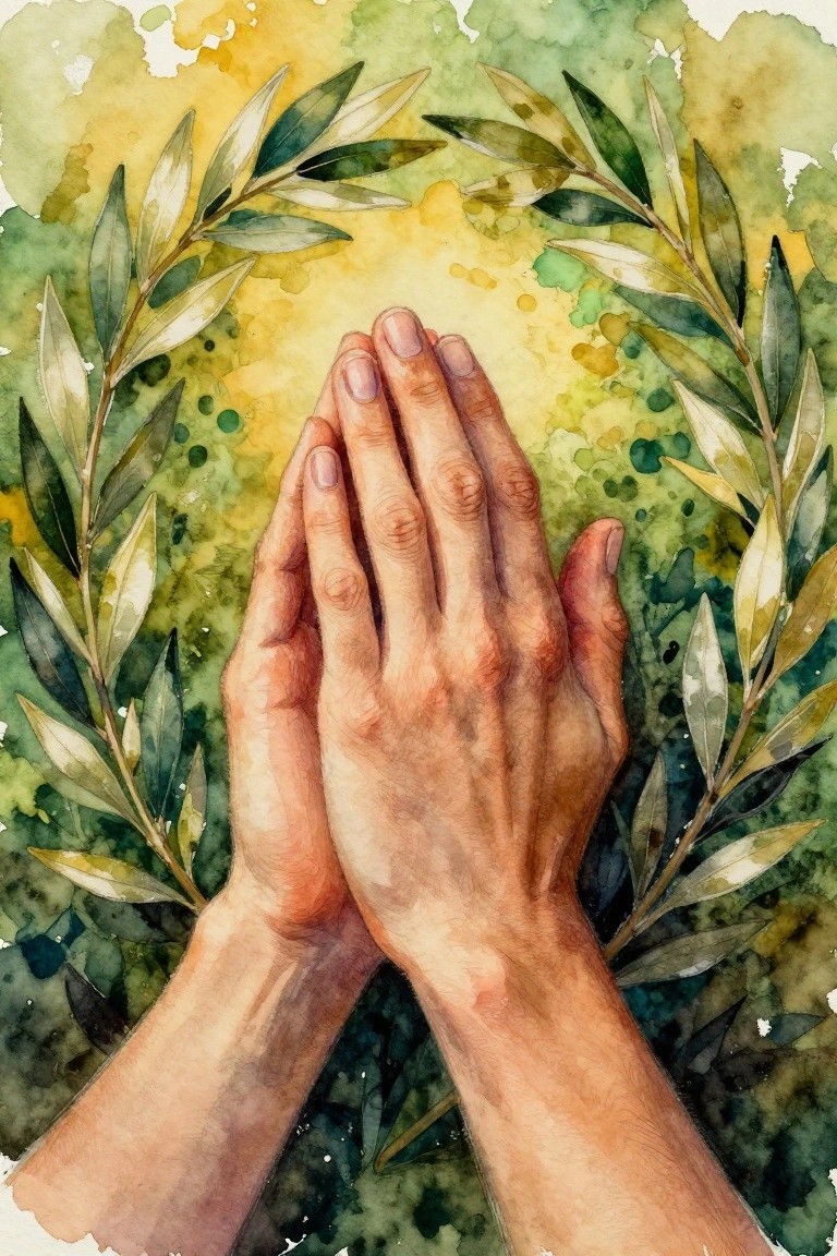 Watercolor painting of praying hands framed by olive branches in green and yellow tones