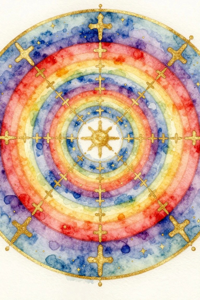 Watercolor mandala of rainbow concentric circles with golden crosses and central sun.